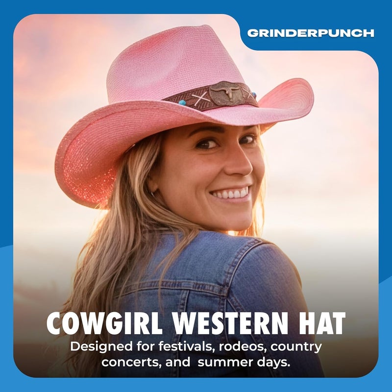 grinderPUNCH Western Outback Cowboy Hat Men's Women's Style Classic Straw Western Cowgirl Hat - Image 2